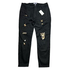 Judy Blue High Rise Skinny fit black‎ denim distressed jeans leopard patches 2XL